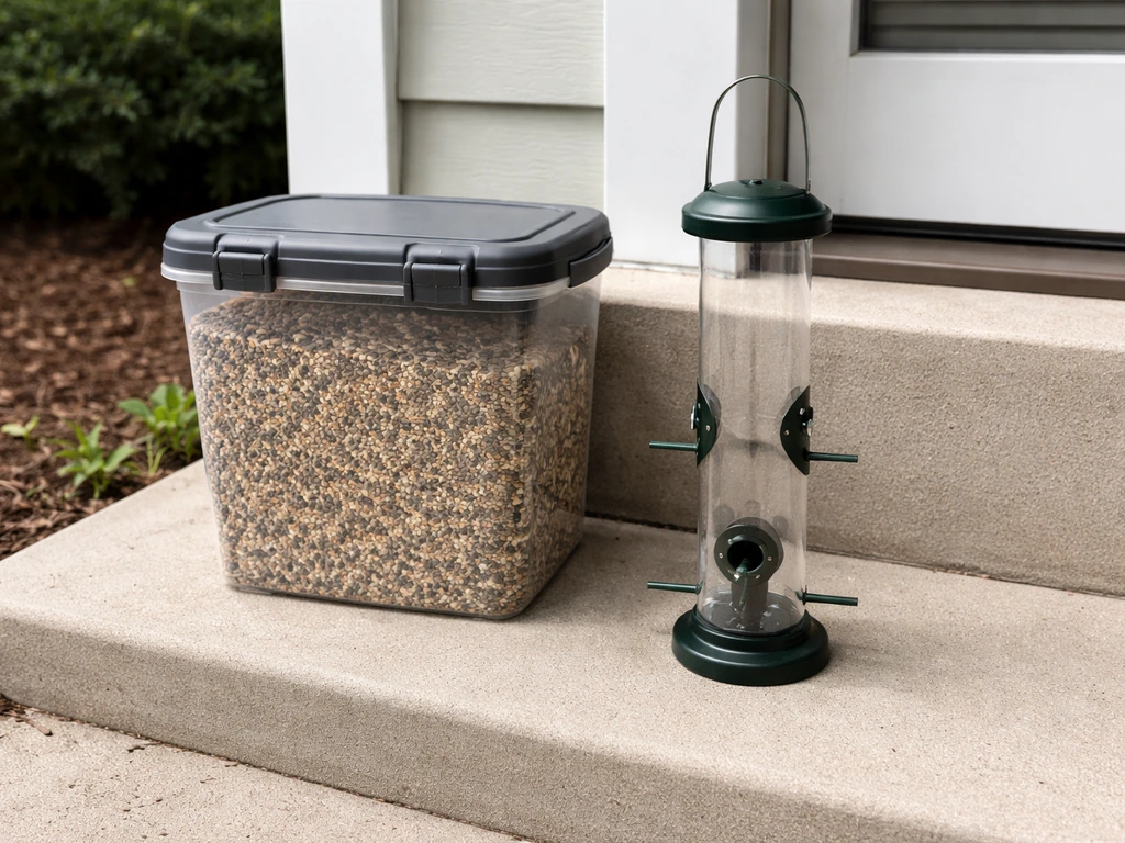 Sealed bird seed container beside a freshly cleaned feeder, with spilled seed swept away.
