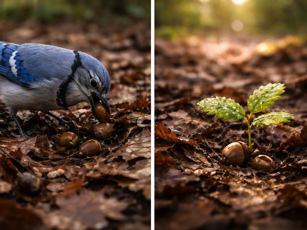 Blue jay-like bird caching acorns in leaf litter beside a young oak seedling