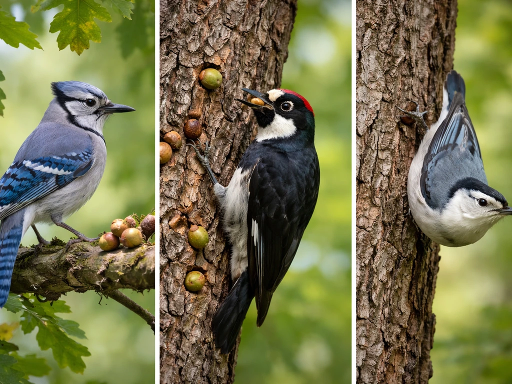 Collage of three birds—blue jay, acorn woodpecker, and white-breasted nuthatch—on oak trees with acorns.