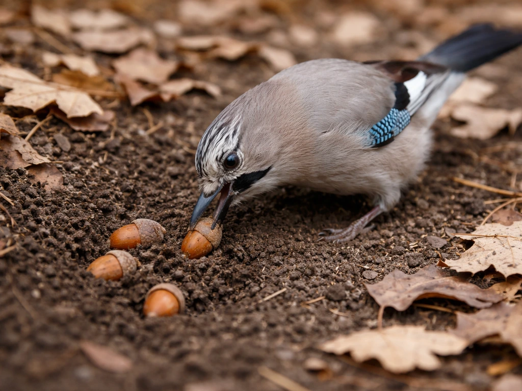 A jay caching acorns: several newly buried in bare soil and leaf litter with slight motion blur.