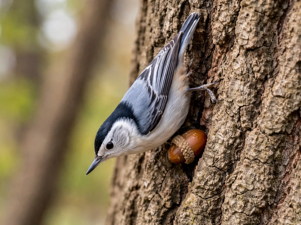 White-breasted nuthatch headfirst on tree bark with an acorn wedged in a bark crevice.