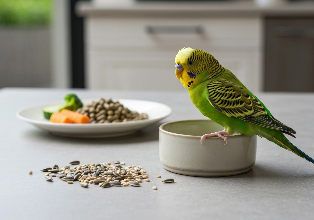 Parakeet perched beside a seed bowl, with pellet food and a vegetable option softly in the background.