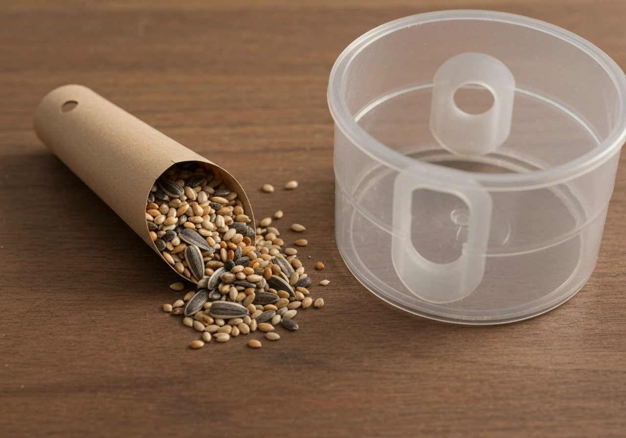 Wild bird seed mix spilled beside an empty parakeet feeder, highlighting mismatch.