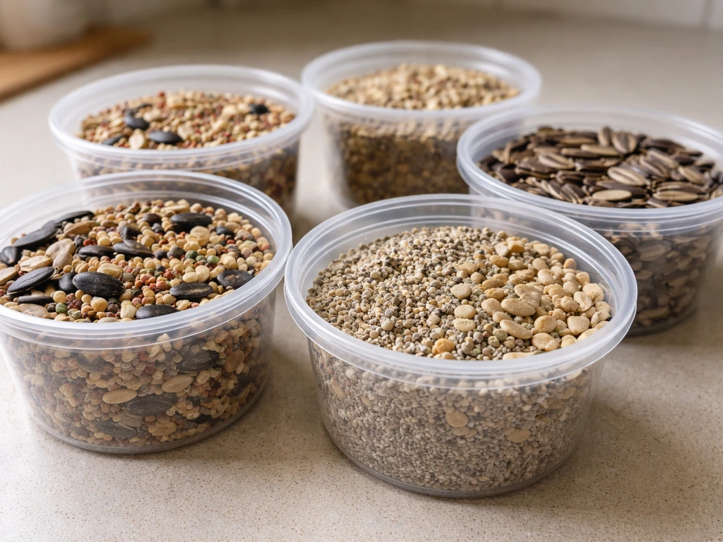 Small clear containers of mixed wild bird seed and grit on a kitchen counter, suggesting possible additives.