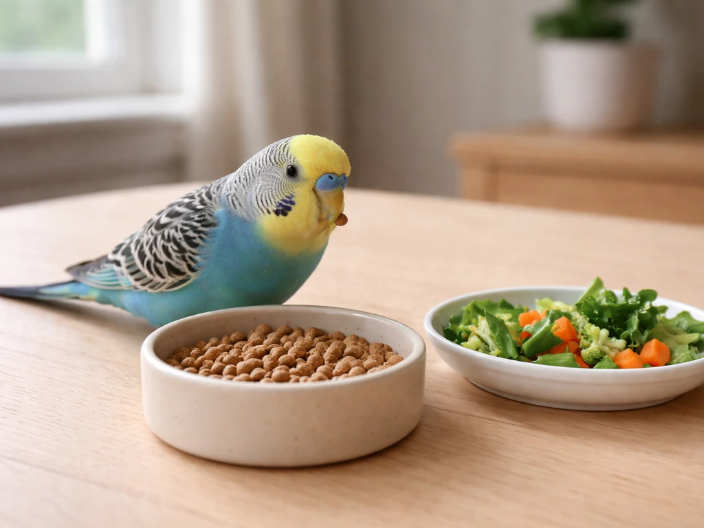 Parakeet eating pellets beside a bowl of fresh chopped vegetables in a neat, uncluttered setup.