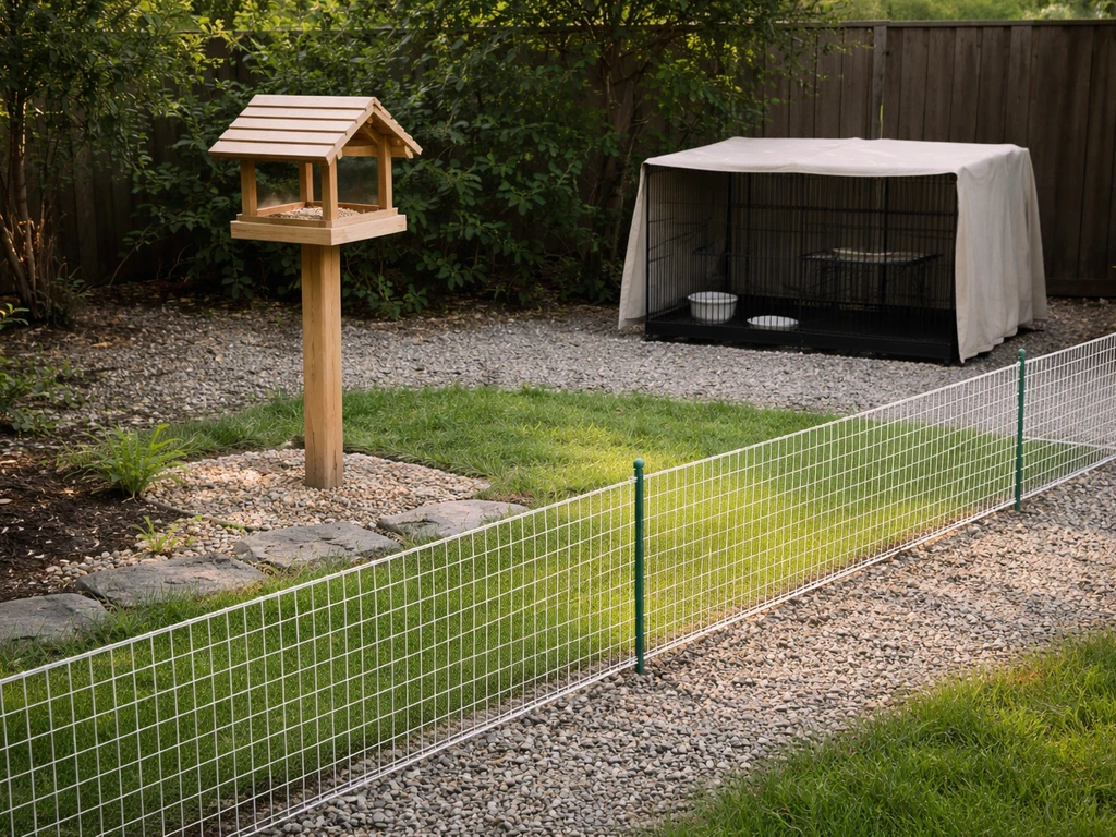 Backyard bird feeder with a clean barrier separating wild-bird feeding area from a pet parakeet space