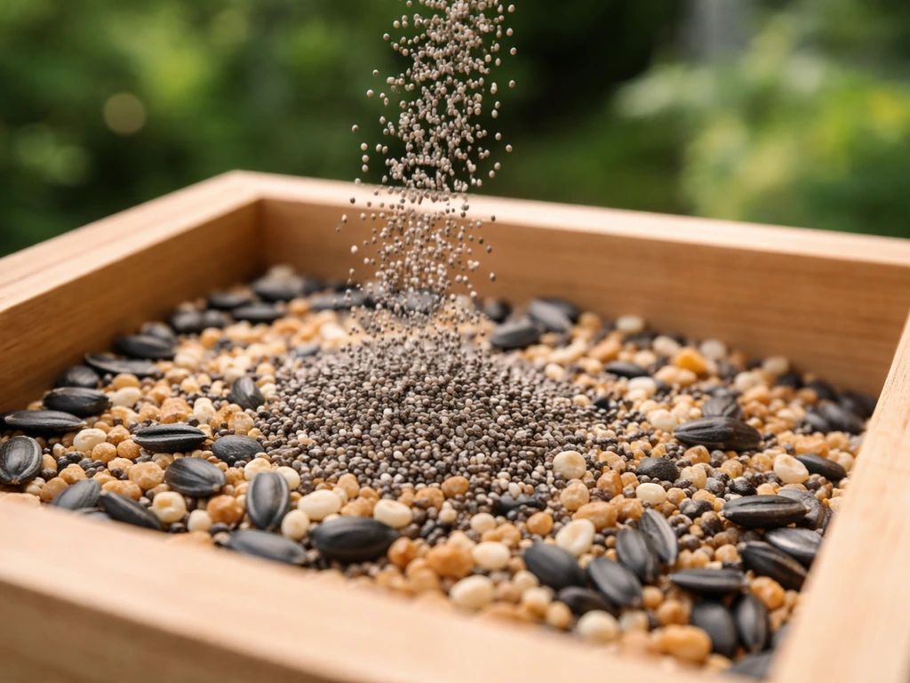 Dry chia seeds sprinkled into a bird feeder beside mixed bird seed.