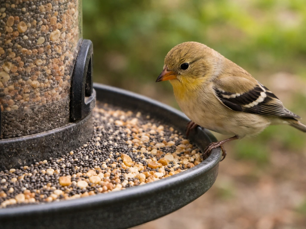Small finches perched at a bird feeder tray picking up chia seeds mixed with other tiny seeds.