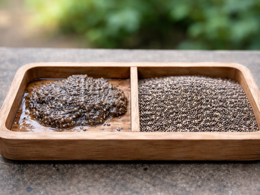 Bird feeder tray with wet clumped chia on one side and dry chia on the other, showing contamination risk.