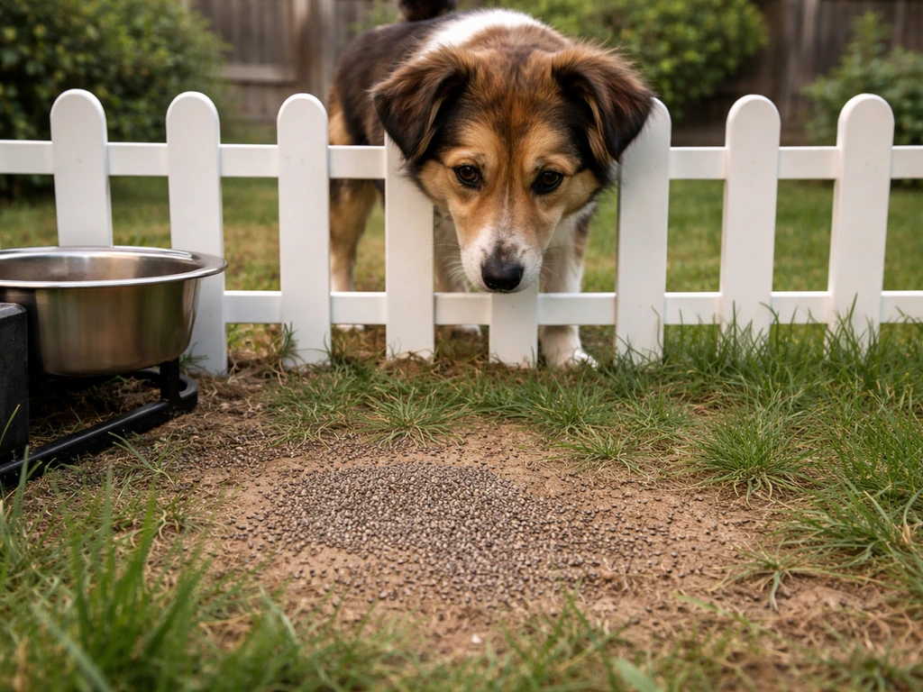 Dog behind a low fence with spilled chia seeds on the grass near a ground-level feeder area.