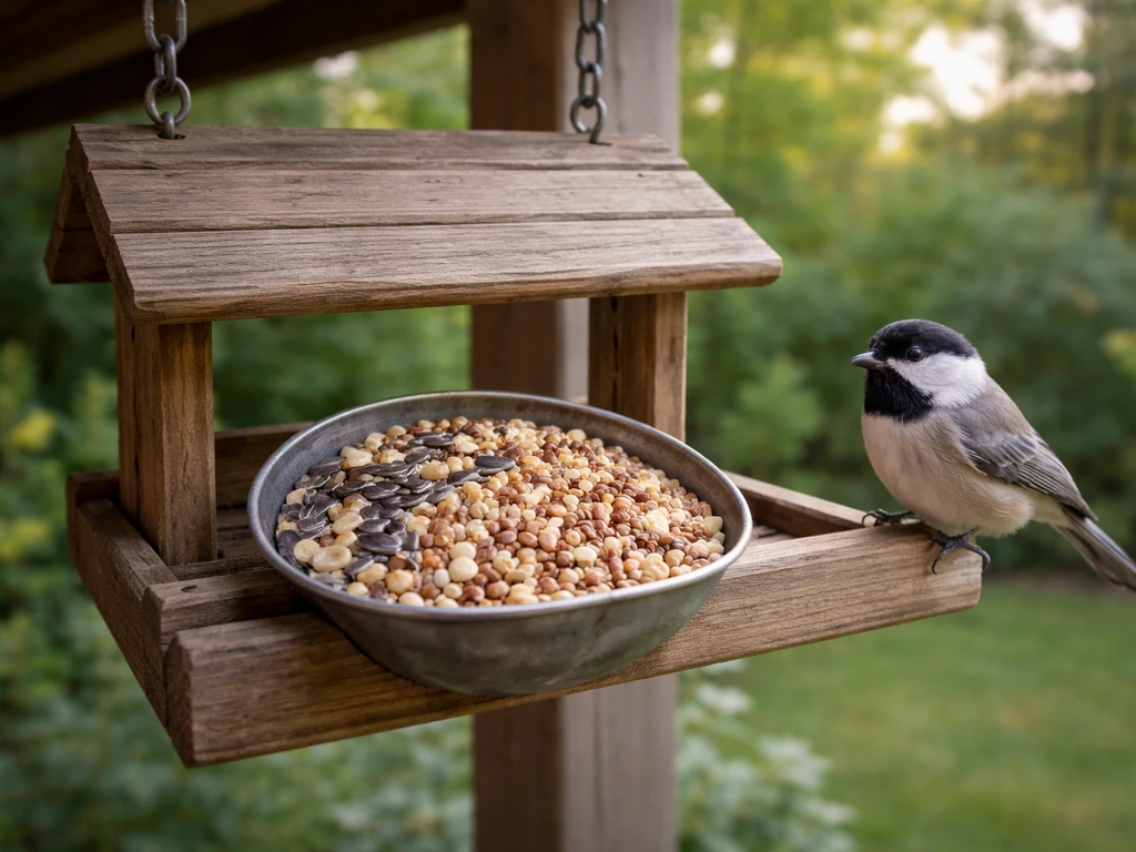 Backyard bird feeder with visible bowl of mixed bird seed containing sorghum (milo).