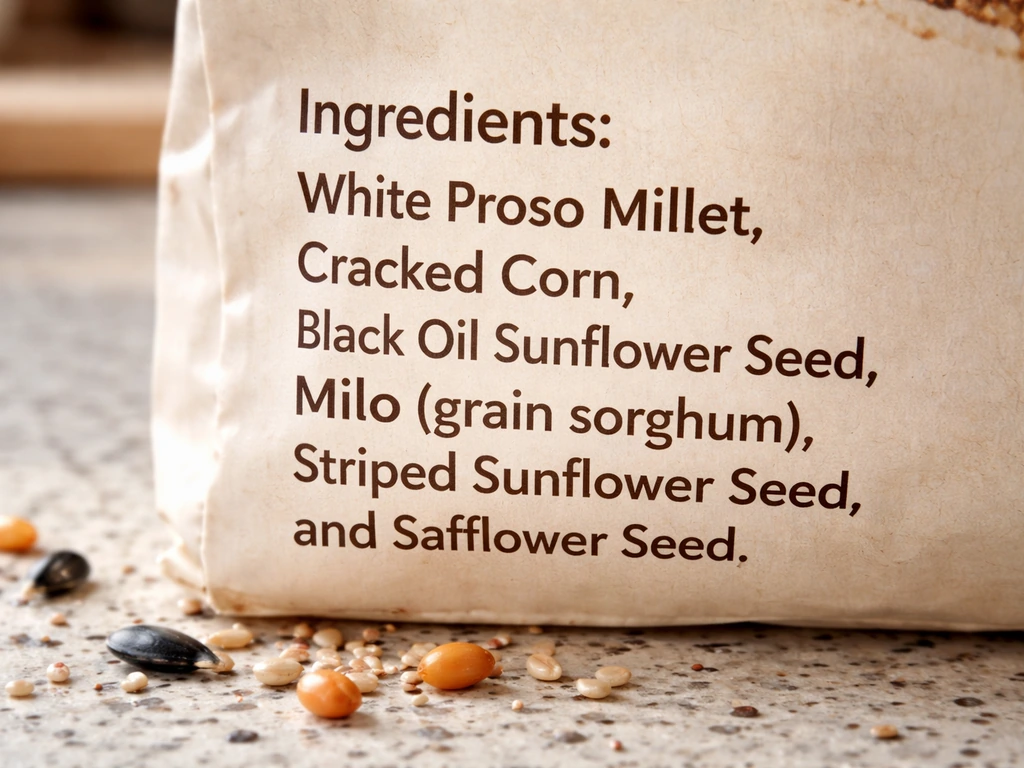 Close-up of bird seed bag showing ingredient panel with “Milo” listed among other grains.