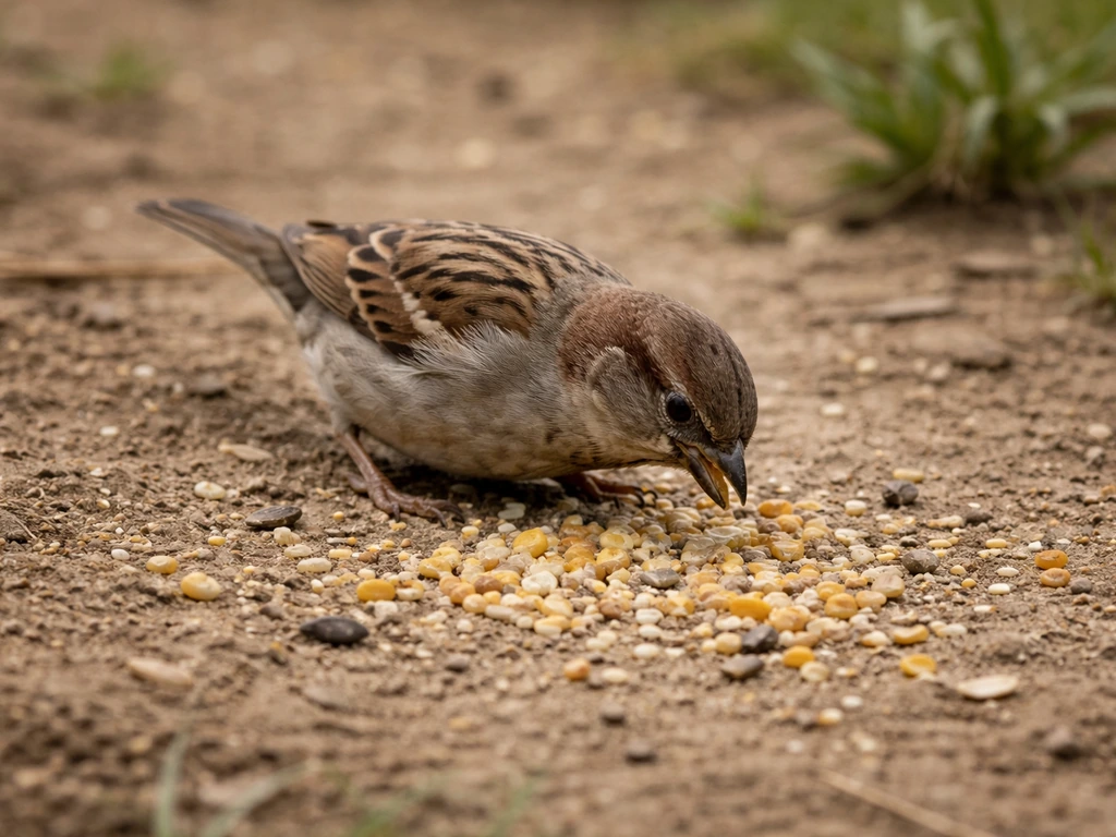 Sparrow pecking at spilled grain on dry ground with scattered seeds visible nearby.