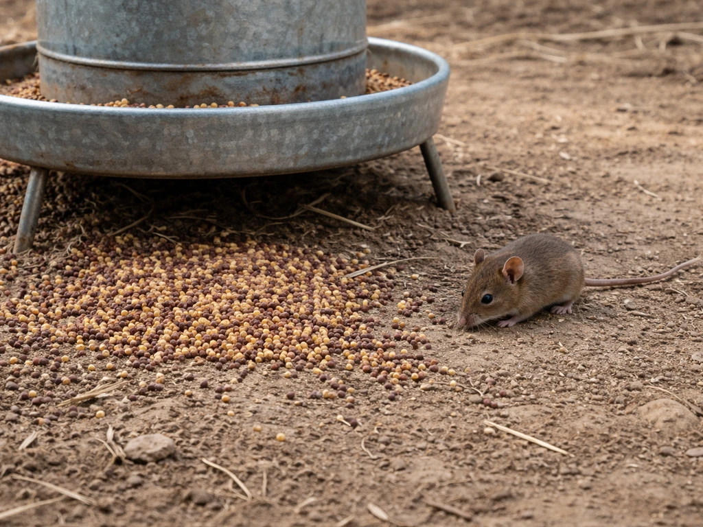 Spilled milo grain on dirt with a small mouse near the feeder base outdoors