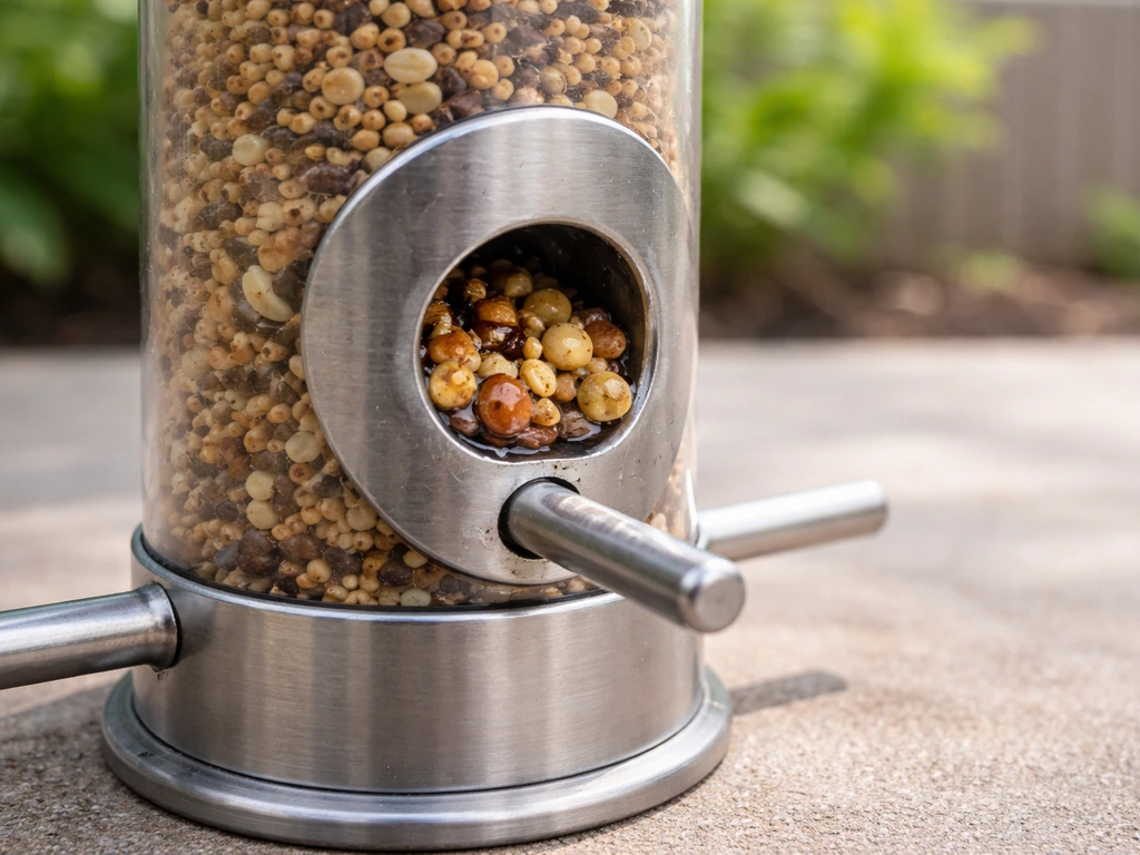 Close-up of a tube bird feeder with small ports blocked by stuck millet/milo grains inside the mechanism.