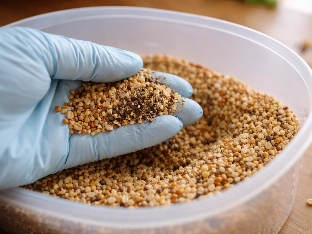 Gloved hand inspecting bird seed in a container, with slightly clumped and discolored seeds suggesting mold risk.