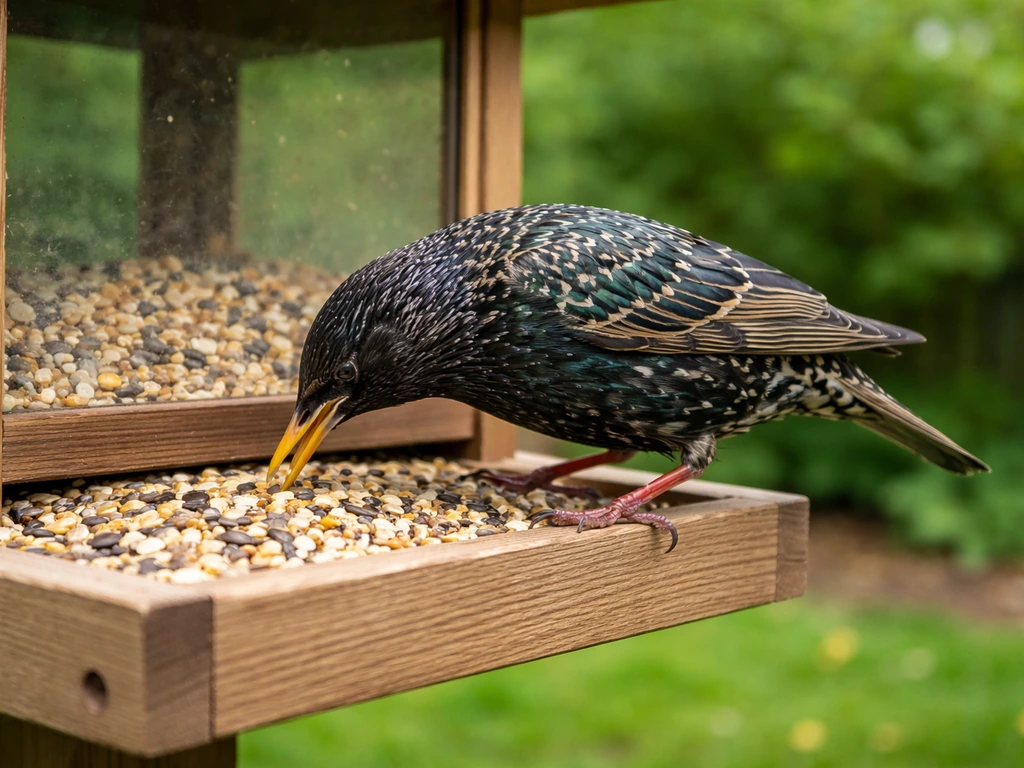 European starling actively feeding at a backyard bird feeder with bird seed.
