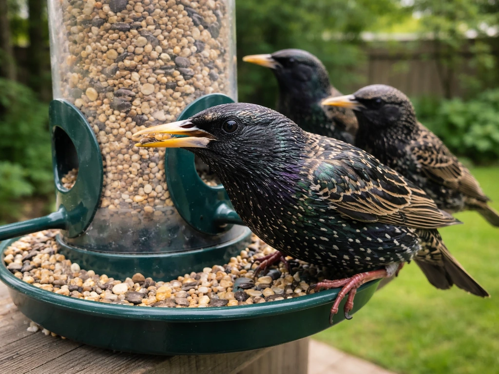 European starlings perched on a backyard bird feeder, pecking at seeds in natural light.