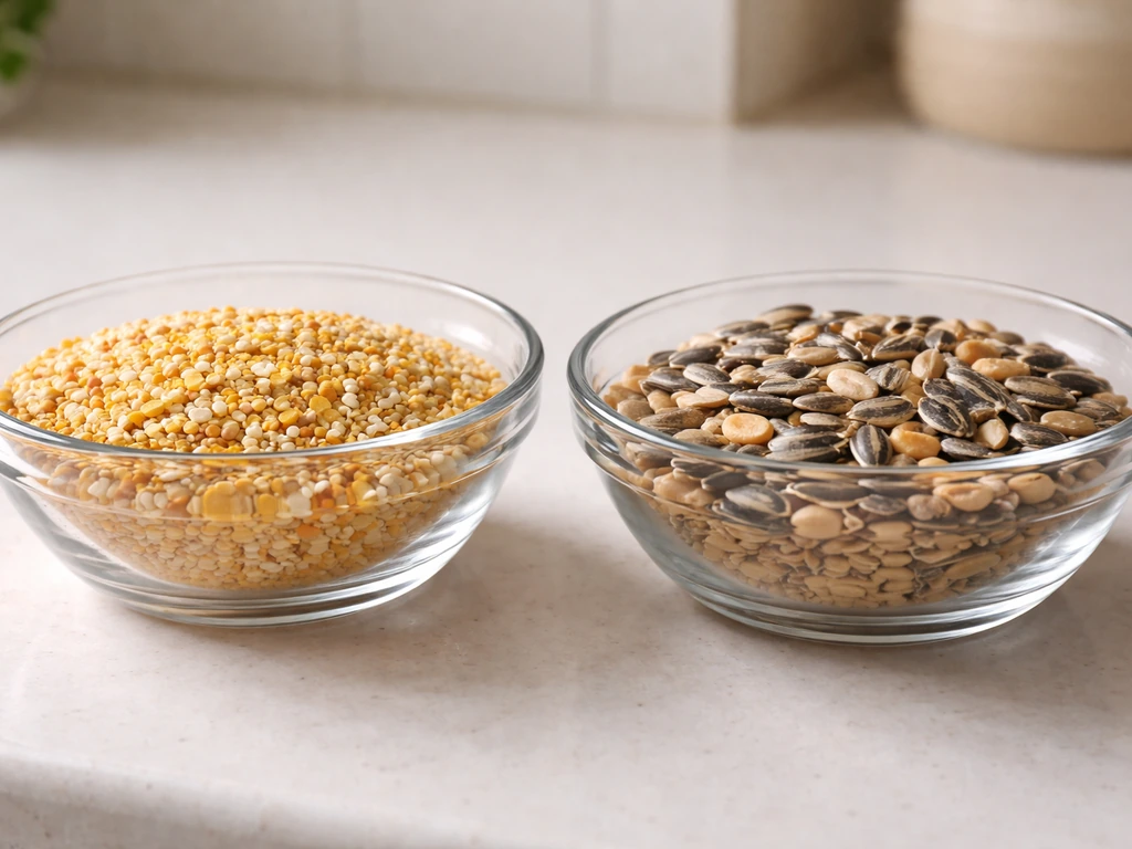 Side-by-side bowls of bird seed: cracked corn and millet next to grains starlings tend to avoid