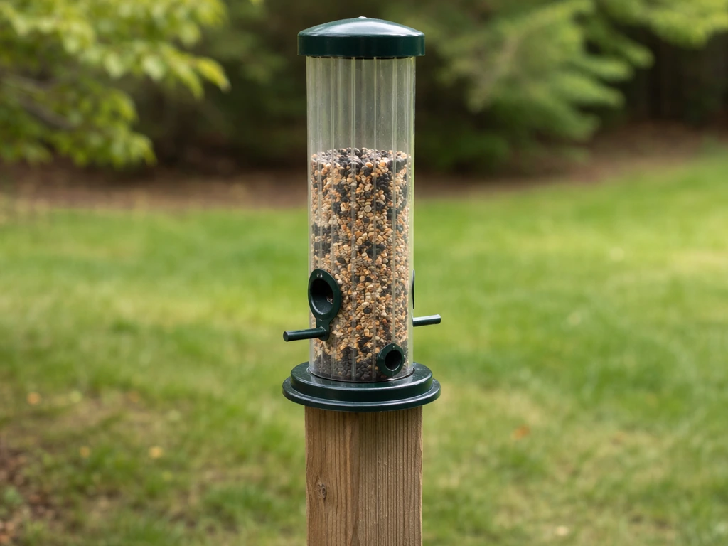 A tube bird feeder with short perches in a backyard, showing limited footholds for larger birds.