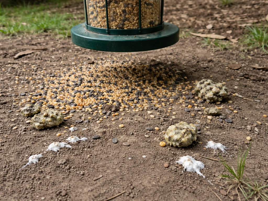 Ground-level view of scattered damp birdseed and droppings around a feeder, suggesting contamination risk.