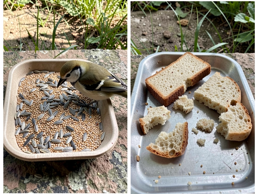 Ground-feeding setup showing small scatter of plain dry rice on a clean surface