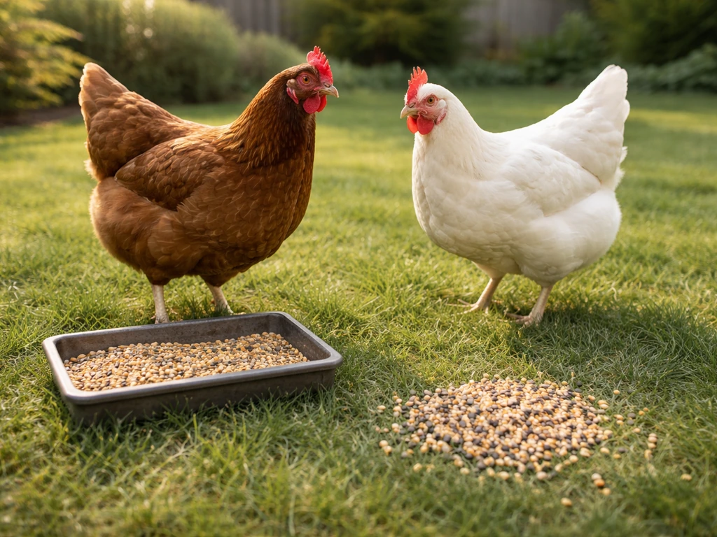 Healthy backyard chickens near a ground feeding tray with a small portion of clean wild bird seed.