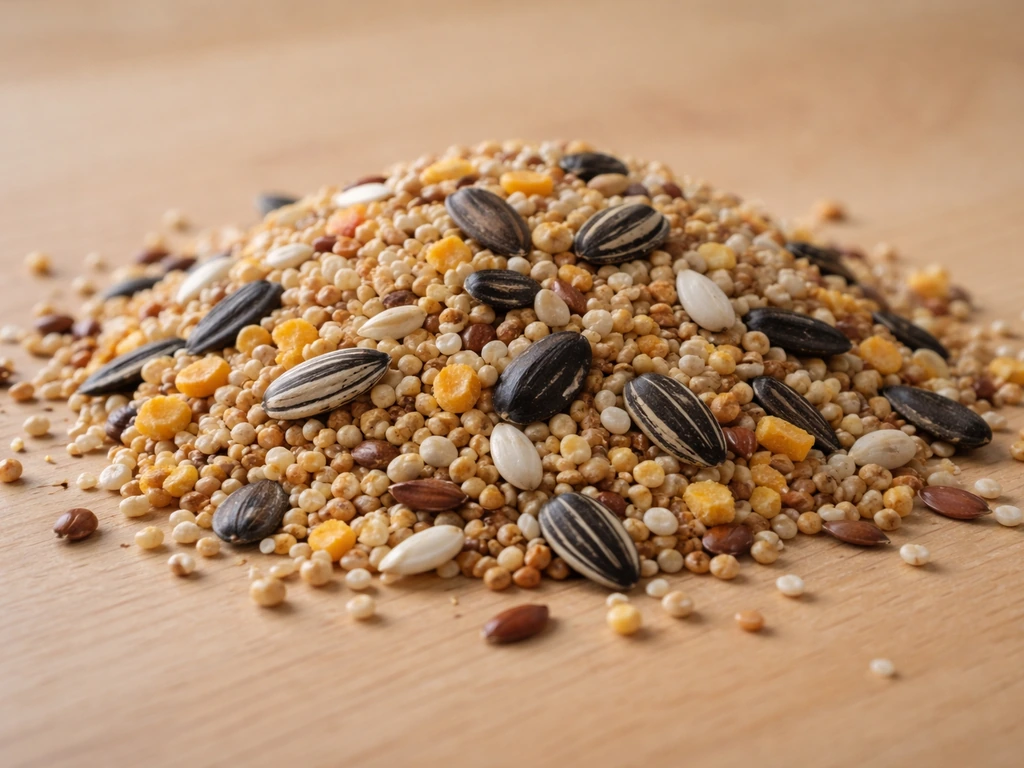 Close-up of a mixed pile of millet, cracked corn, sunflower seeds, safflower, and flax in natural light.