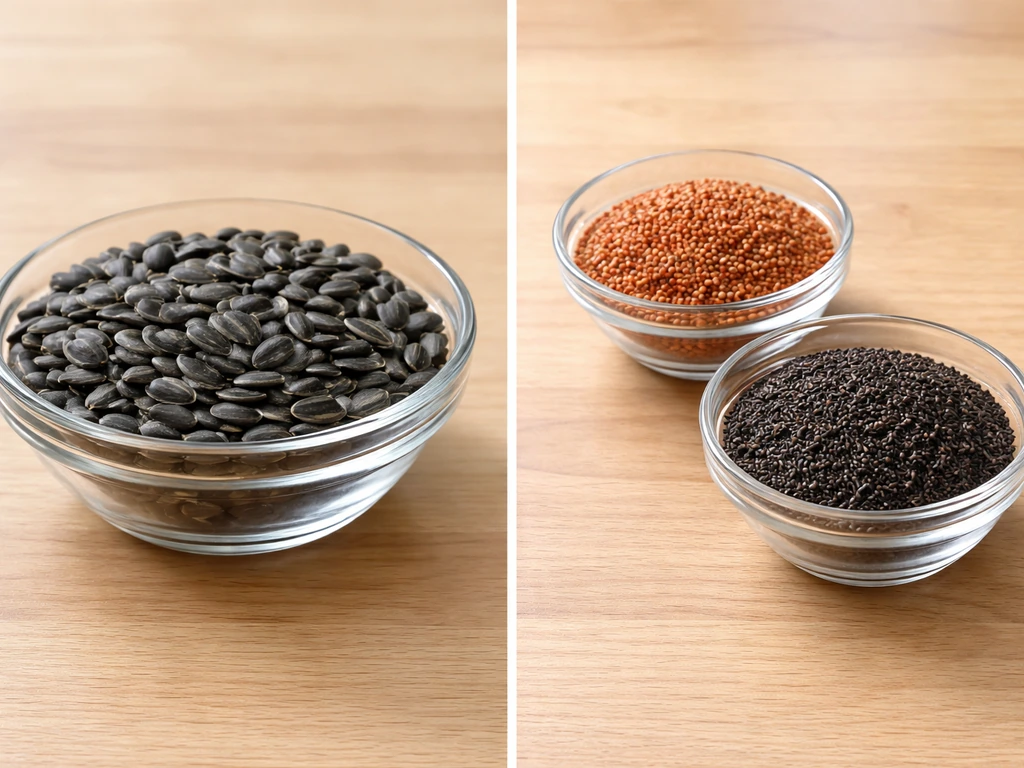 Small bowls of black oil sunflower seeds, millet, and nyjer seeds on a light wood table.