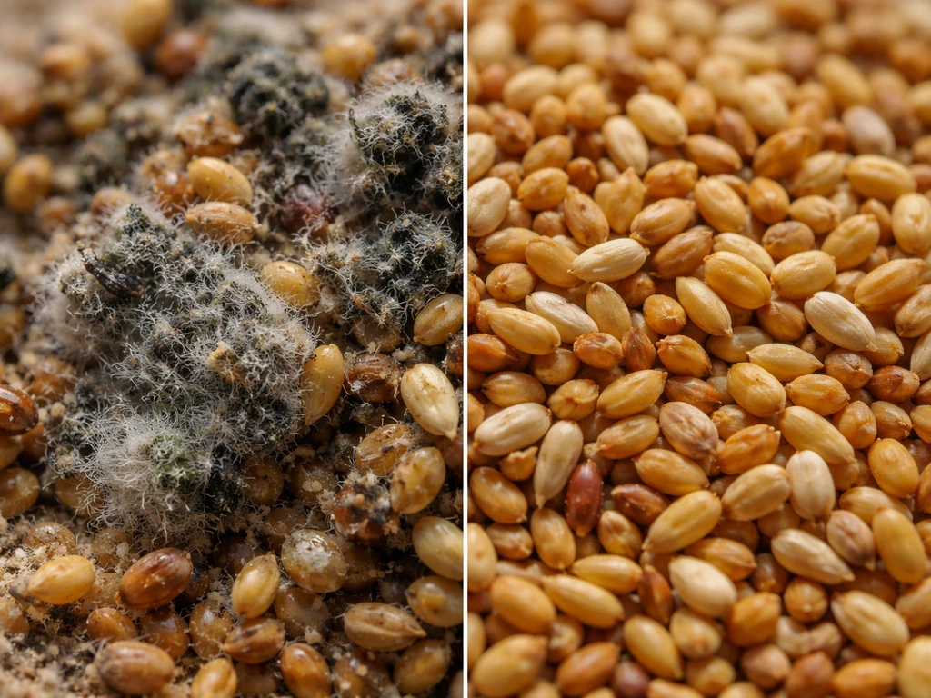 Macro view of moldy, dark clumped bird seed contrasted with fresh dry seed grains