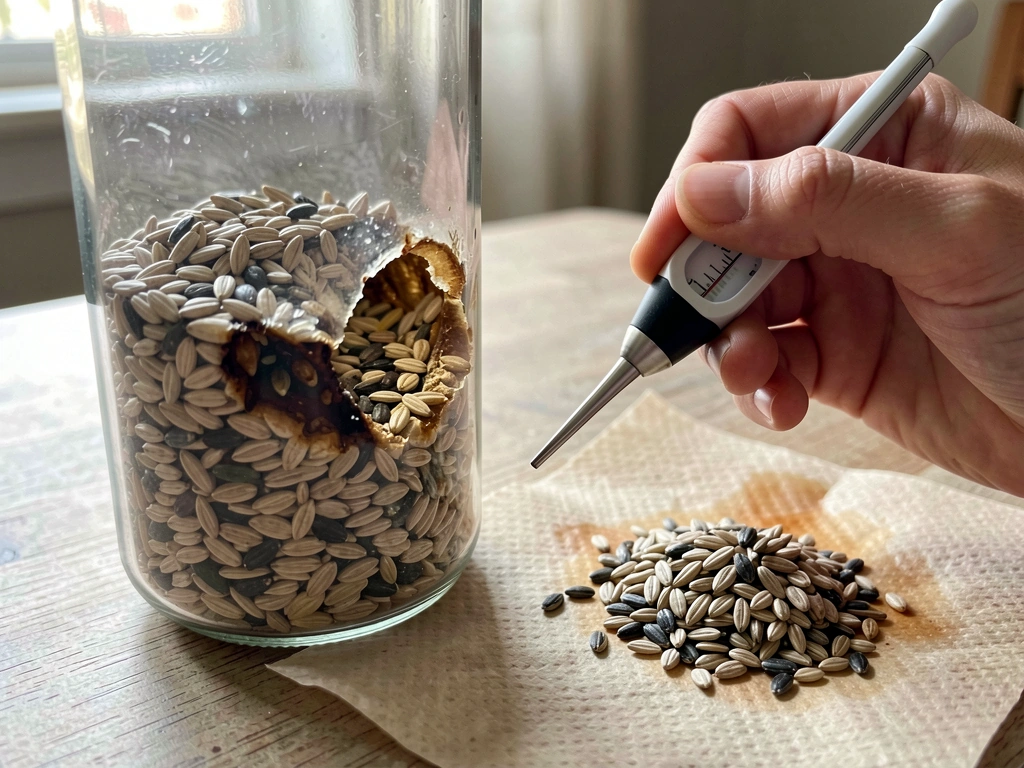 Close-up of unevenly heated bird seed vs room-temperature seed near a feeder