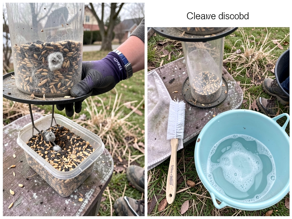 Feeder being emptied and cleaned; moldy/clumped seed discarded with bottle brush nearby