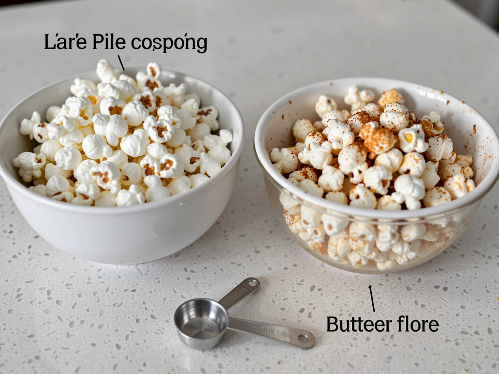 Side-by-side plain air-popped popcorn vs flavored popcorn with toppings and seasoning