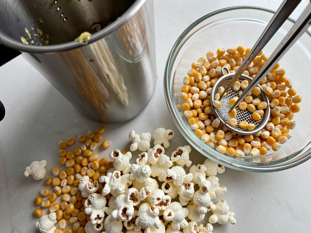 Unpopped kernels removed from popcorn using tweezers so birds avoid choking