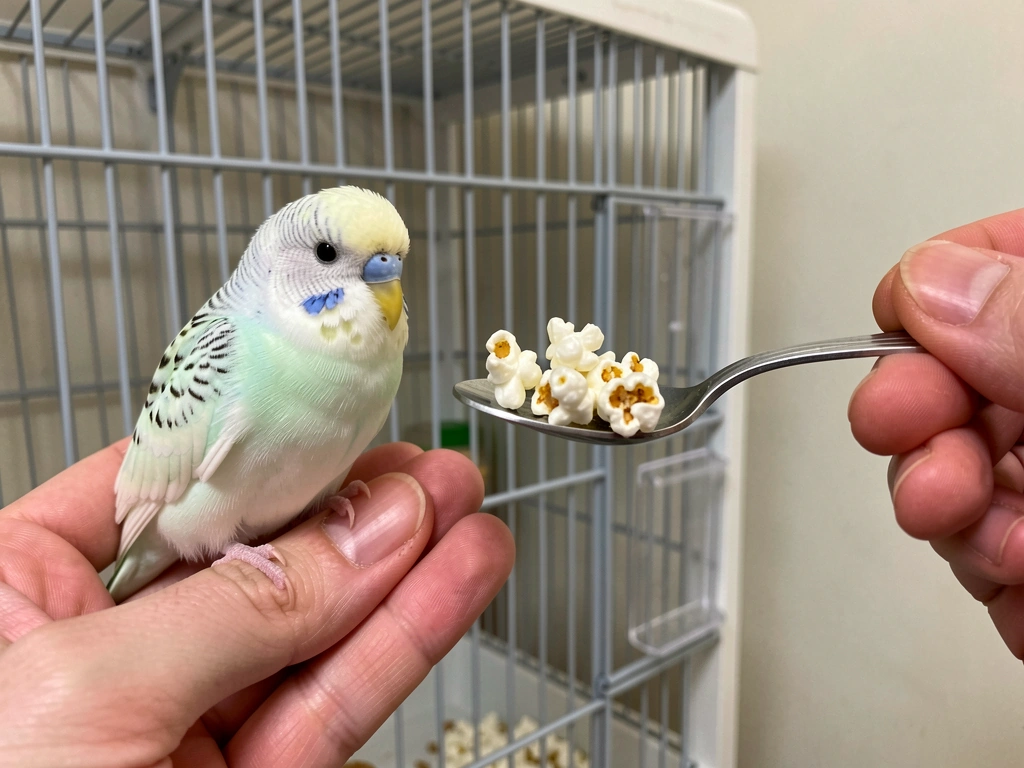 Hand-offered tiny portion of fresh plain air-popped popcorn to a pet bird