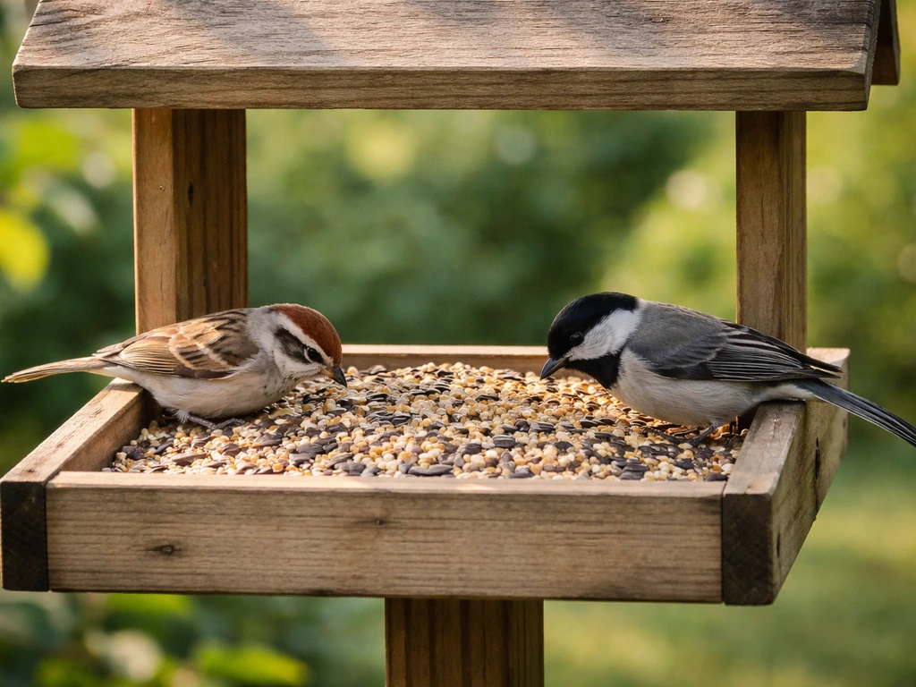 Close view of a backyard bird feeder with visible seed and small birds feeding on a calm morning