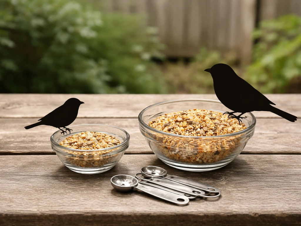 Two birdseed bowls with small vs medium measured portions, with birds perched nearby in a garden.