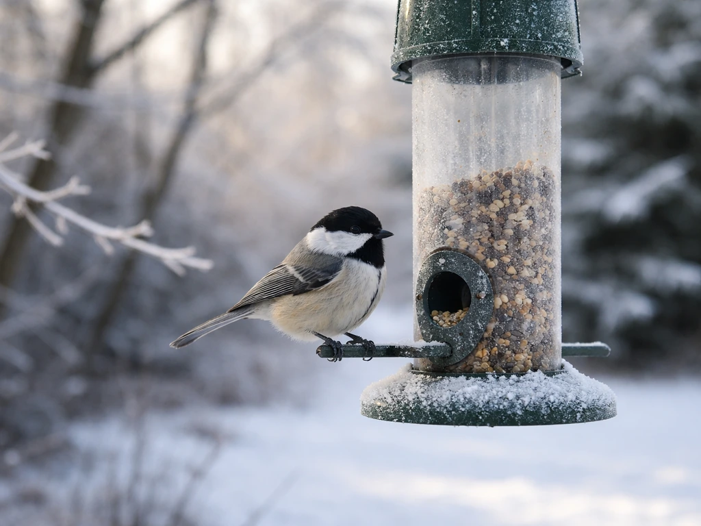 A small songbird perched at a frosty backyard feeder on a winter morning, snow and cold visible.
