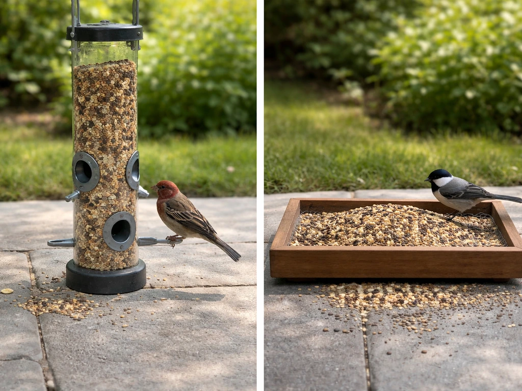 Side-by-side tube and platform bird feeders with different seed spillage and birds perched at each.