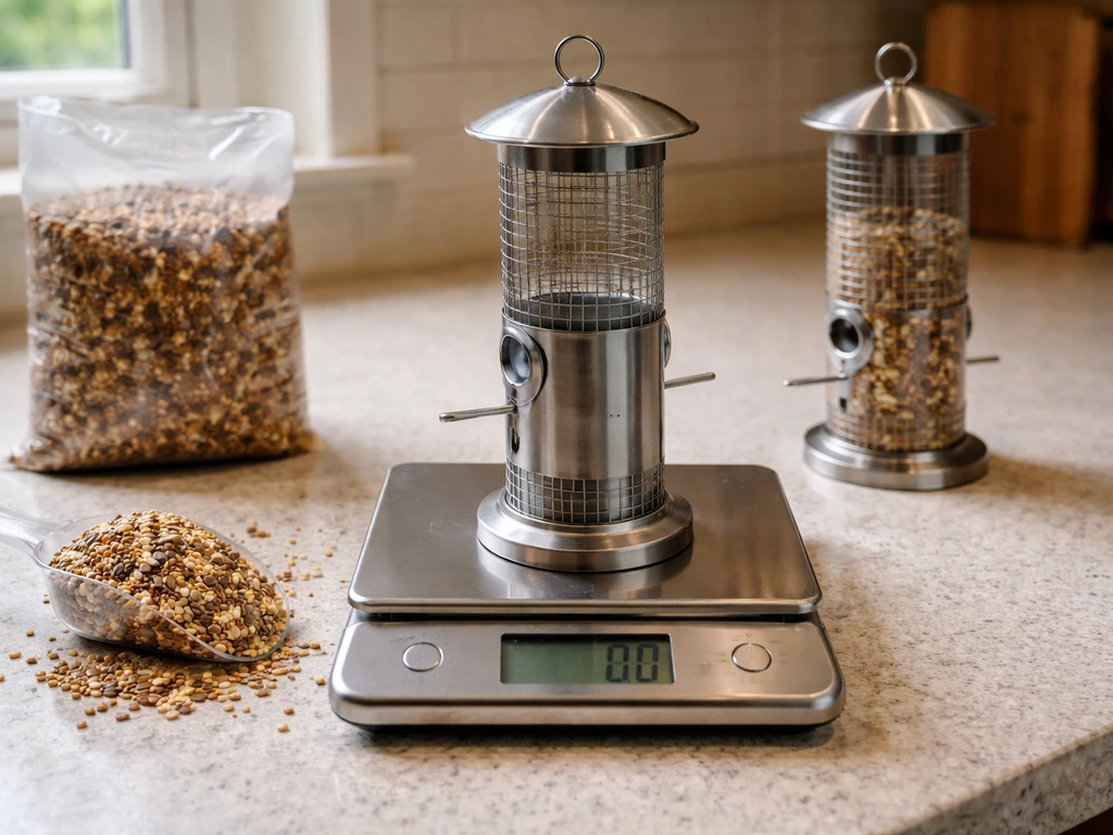Kitchen scale weighing an empty bird feeder, then the feeder after adding measured seed