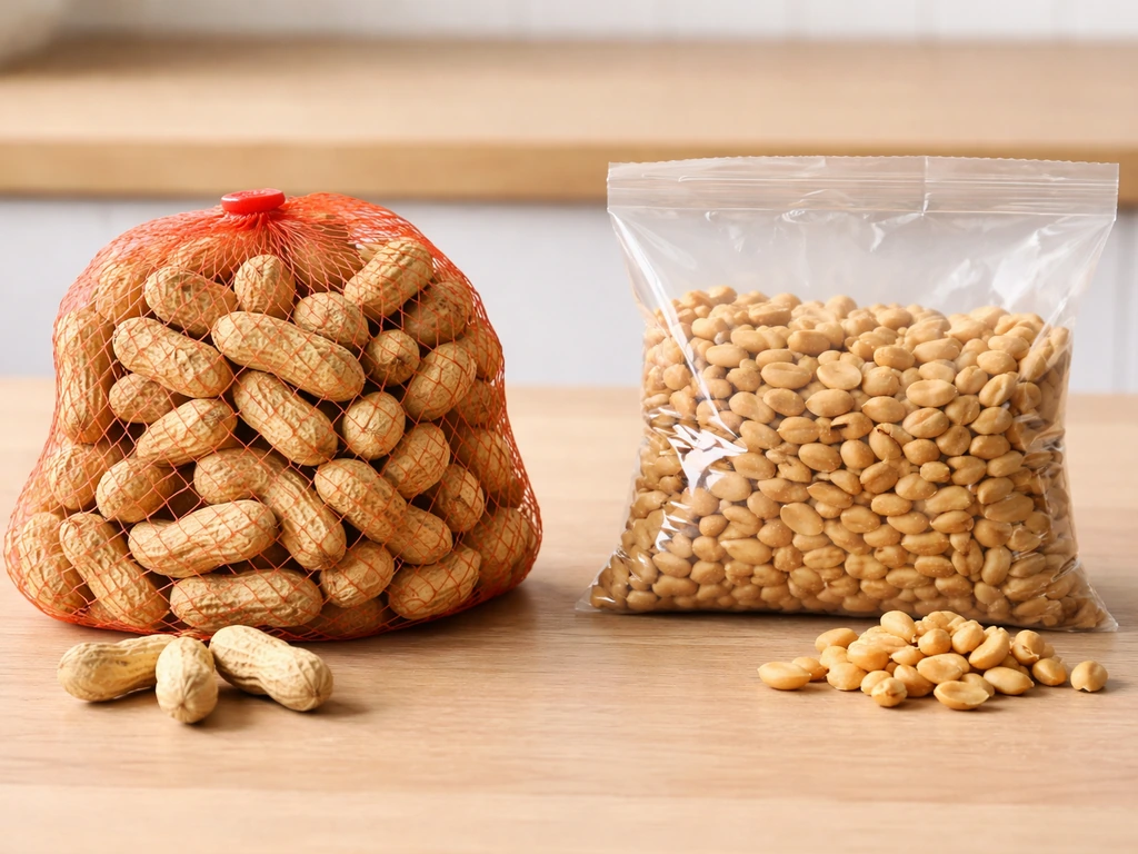 Side-by-side: mesh feeder in-shell peanuts next to shelled roasted peanuts in a plain package.