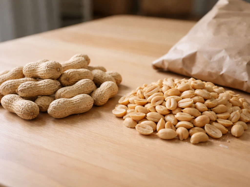 In-shell peanuts for bird feeders beside shelled snack peanuts from a grocery bag, close-up