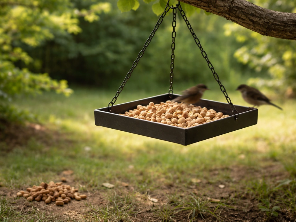 Roasted unsalted peanuts in a simple bird feeder, with rejected salted-looking peanuts set aside on the ground.