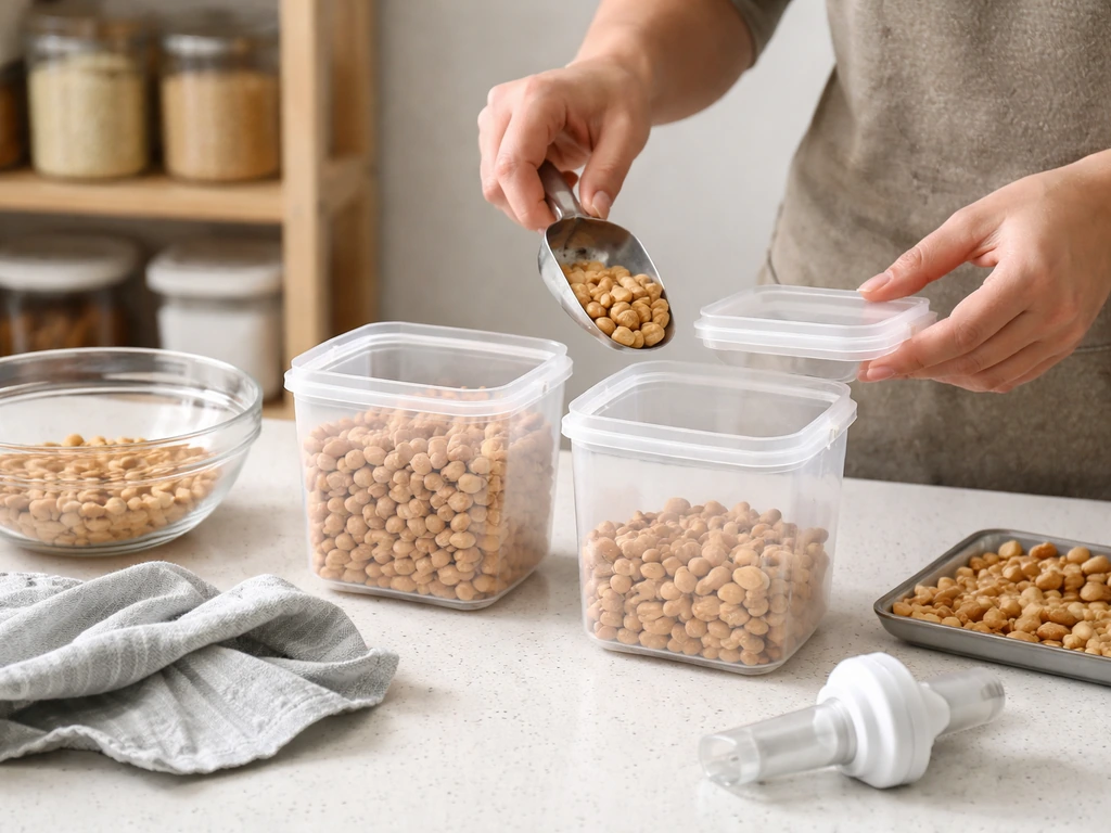 Hands portion peanuts into a resealable container on a clean kitchen counter, with scoop and towel nearby.