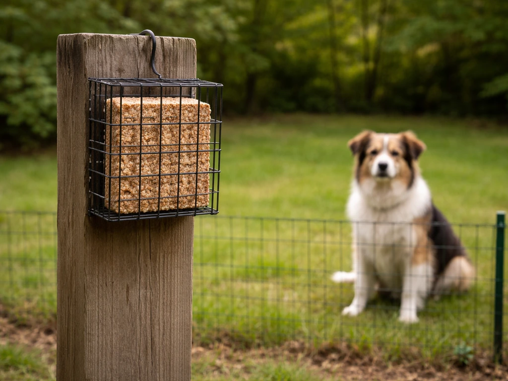 Outdoor bird suet feeder on a pole near a fenced dog area, showing suet kept away from dogs.