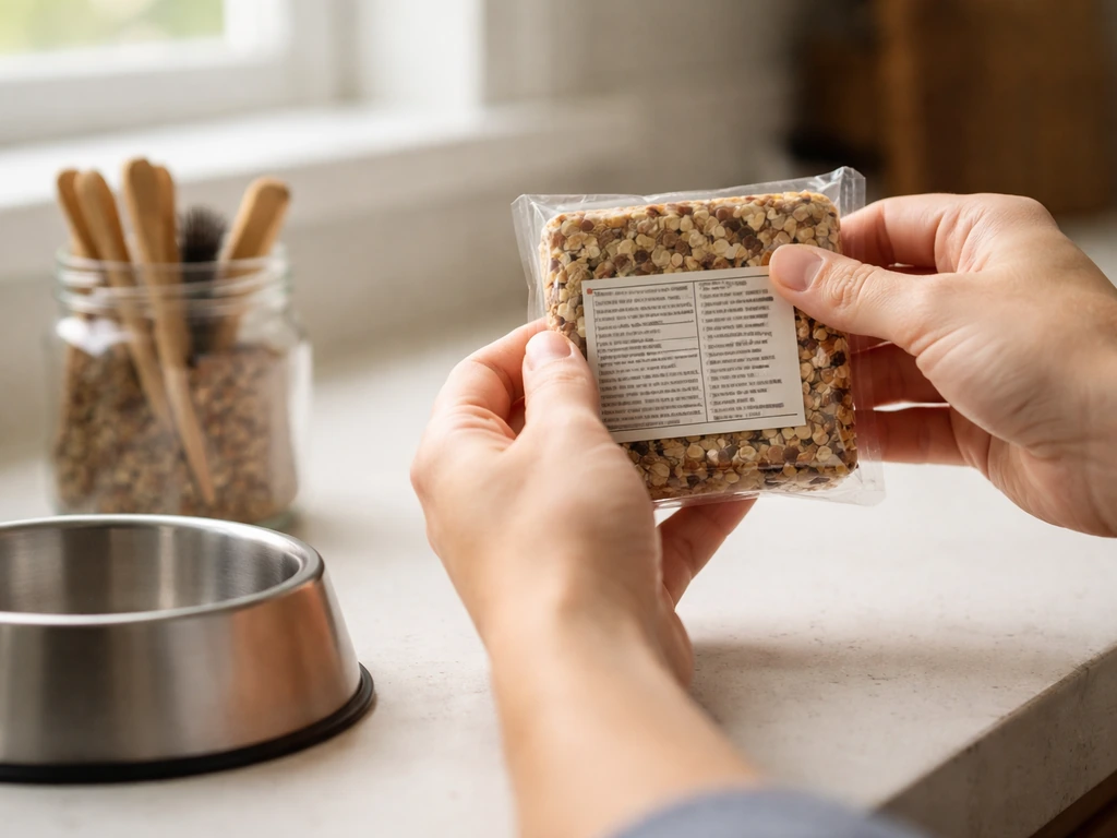 Hands checking ingredients on a small bird suet package in a kitchen, keeping it away from dogs