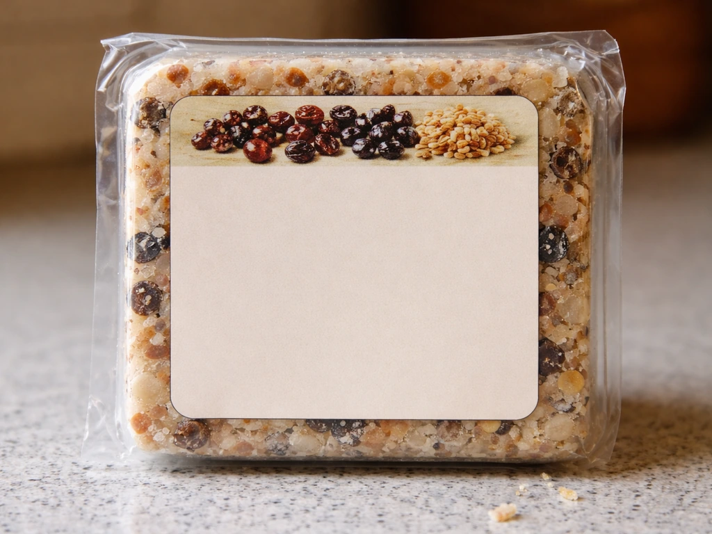 Close-up of a suet cake package showing raisins/currants on the label area and a few crumbs on a kitchen counter.