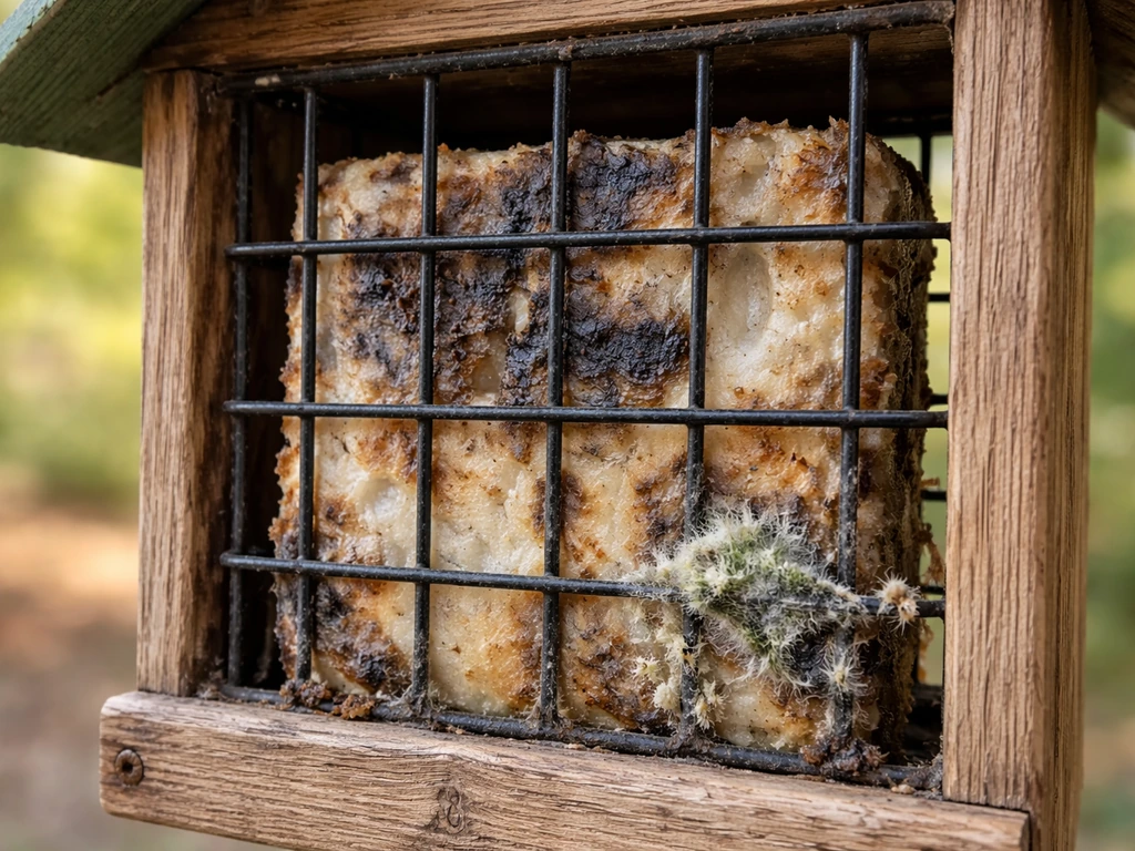 Close-up of spoiled suet cake in a bird feeder, darkened and clumped with signs of mold and oily buildup.