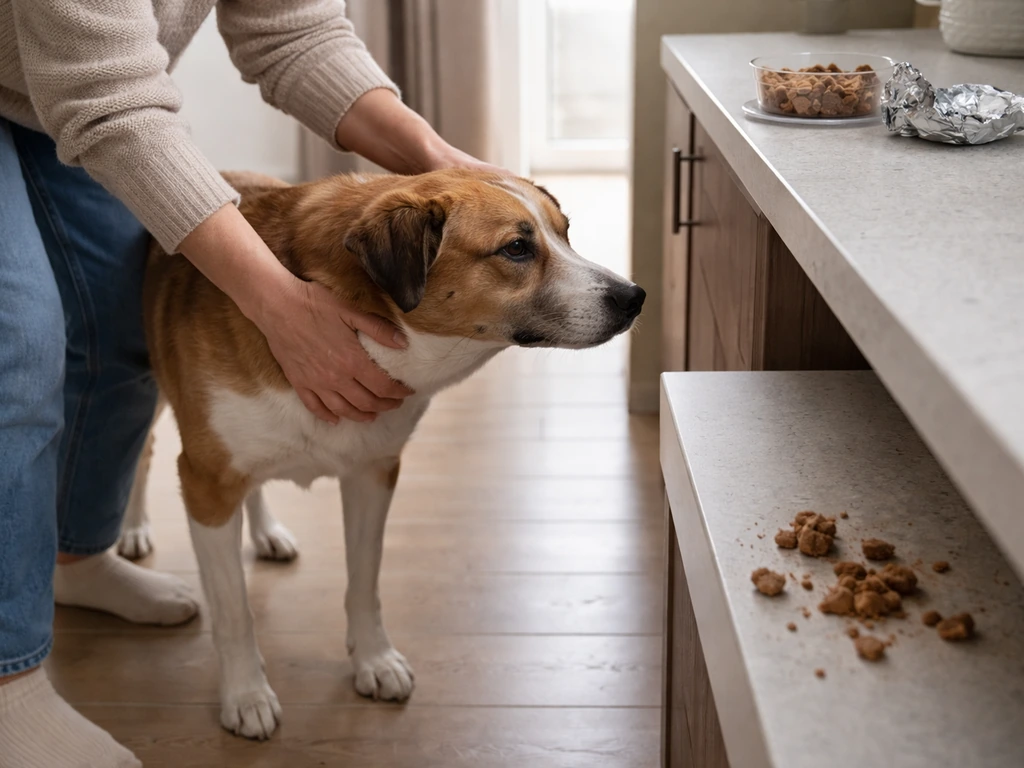 Person quickly moving a dog away from spilled bird suet and setting the packaging aside safely.