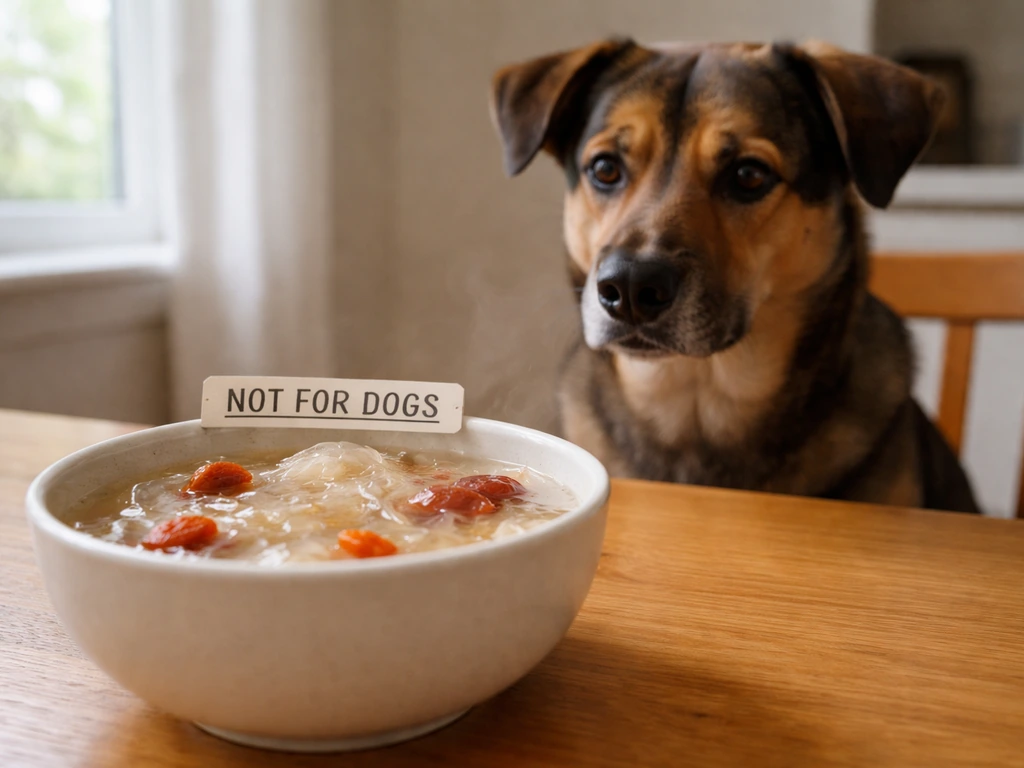 Dog at a table staring at a bowl of bird nest soup with a clear warning it’s not for dogs.